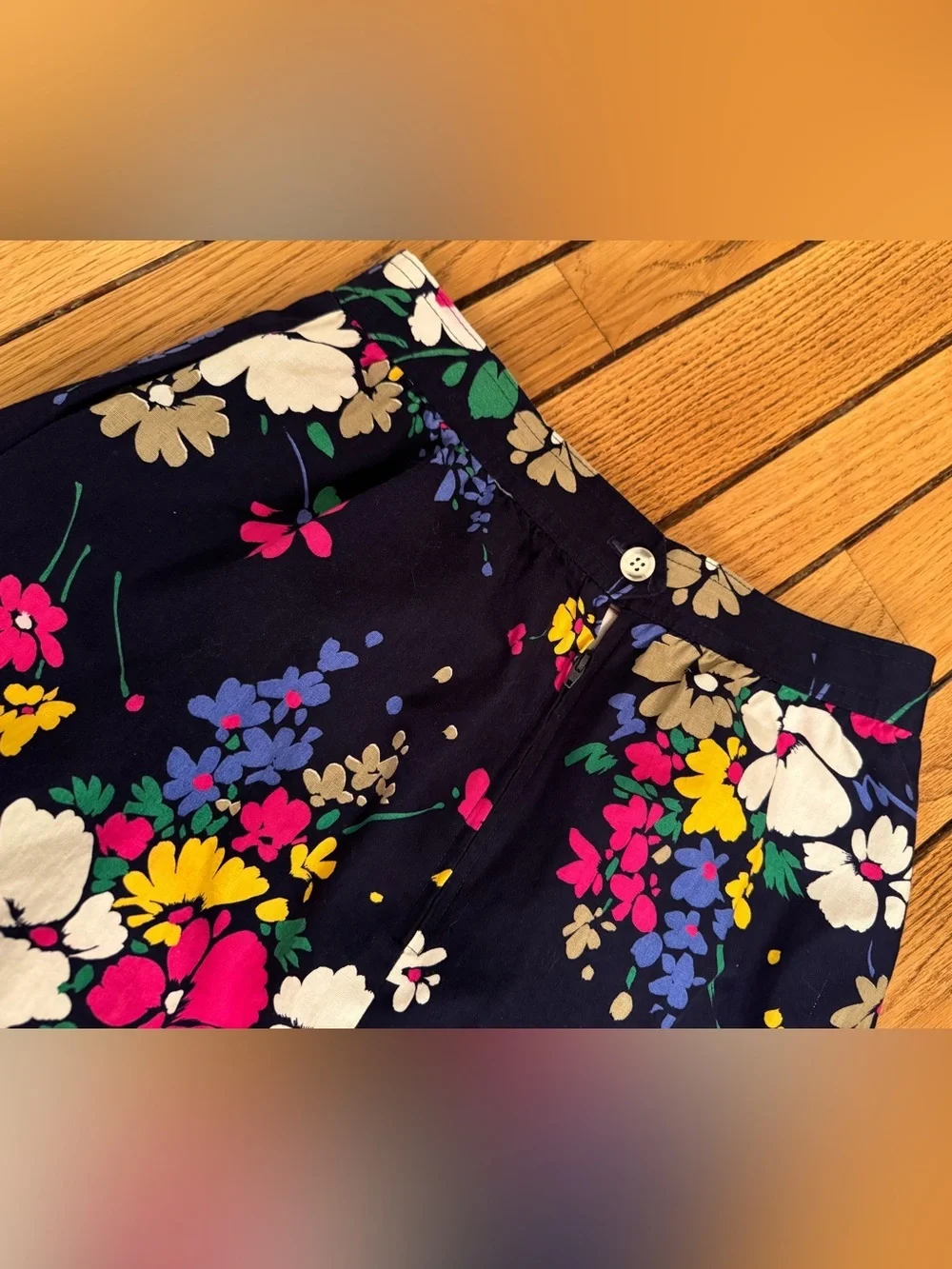 Vintage Aston Navy Floral A-Line Midi Skirt with Pink, White, Yellow & Green